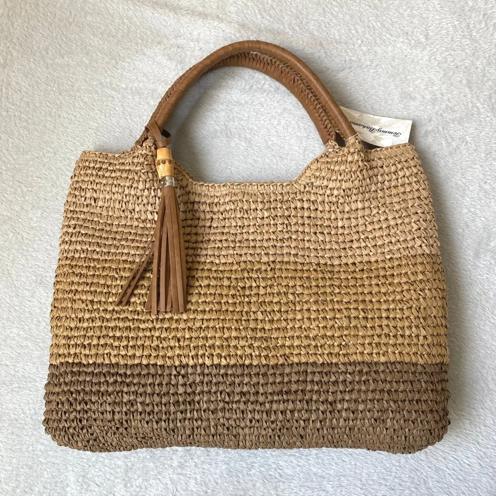 Tommy Bahama Colorblock Woven Straw Tote Bag Tan Coastal Resort Vacation NWT - Picture 2 of 11